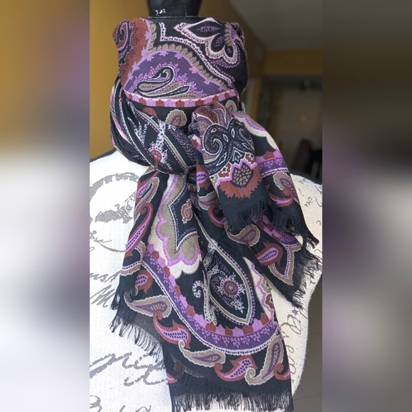 ETRO Milano Silk & Wool Purple Pink Black Paisley Print Large Scarf 67x26 - Picture 9 of 13